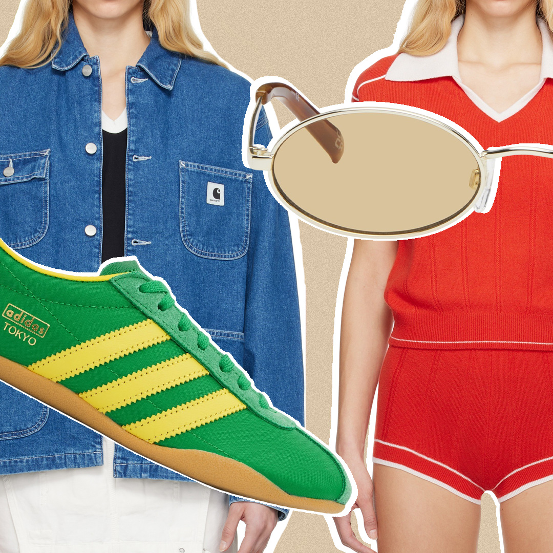 Collage of Sneakers, Sunglasses, and Denim Jacket