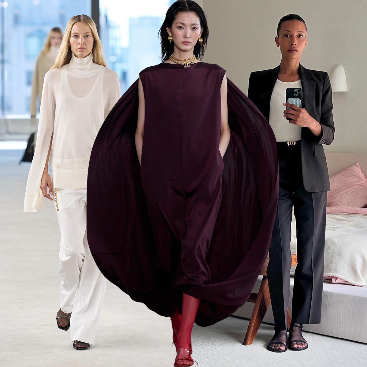 A collage showcasing the spring 2025 tights styling trend from the runways. 