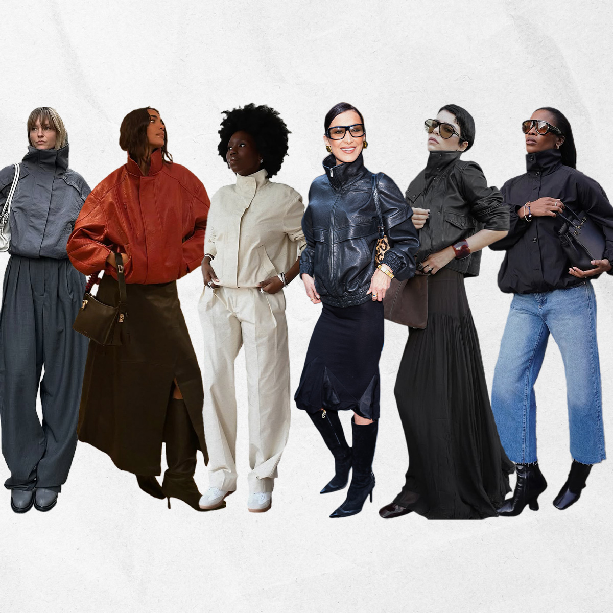 a collage of influencer and celebrity images featuring spring's funnel-neck bomber jacket trend