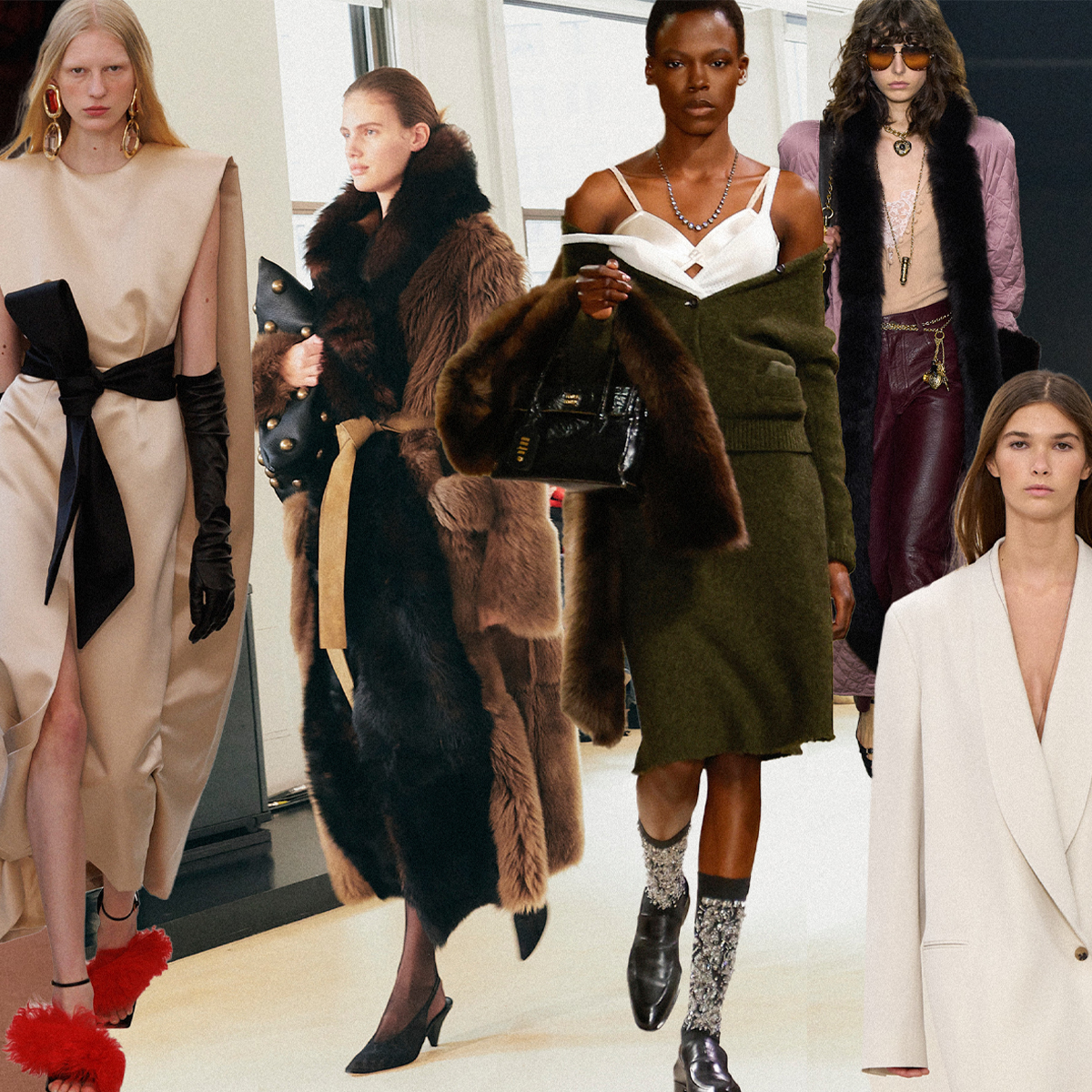 A collage of F/W 25 runway images by Givenchy, Altuzarra, Miu Miu, Chloé, and Calvin Klein. 