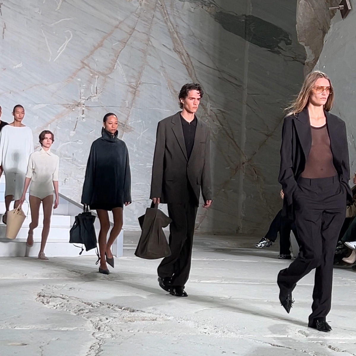 The finale walk at COS's S/S 25 show in a marble quarry outside of Athens, Greece.