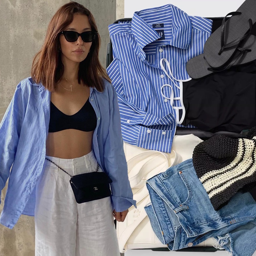 collage of style influencer Debora Rosa wearing a blue linen button-down shirt, black bikini top, white linen trousers, and a Chanel bag around her waist alongside a suitcase packed with Gap vacation pieces like flip-flops, striped button-down shirt, one-piece swimsuit, canvas tote bag, crochet bucket hat, and cutoff denim shorts